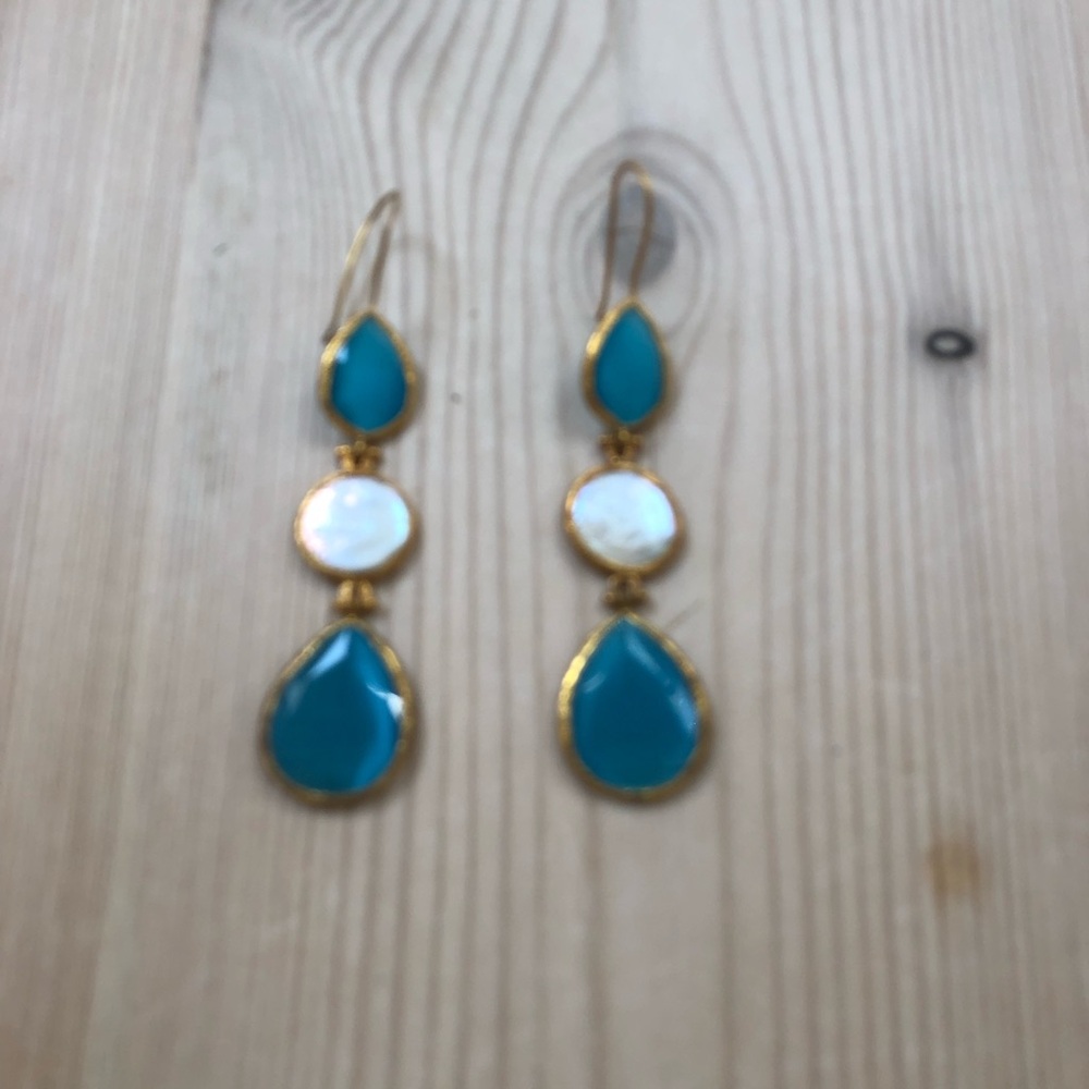 Gold-Edged Turquoise Teardrop & Pearl Dangle Earrings